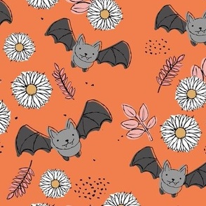 Adorable kawaii freehand bats and daisies fall lower garden boho halloween design orange pink gray