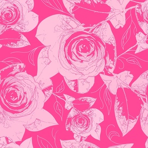 Damask  floral pattern with pink roses and fucsia background. Large scale. 
