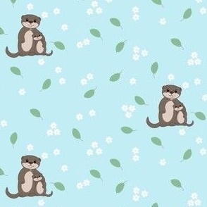 Mummy and baby otters and blossoms on a blue background 