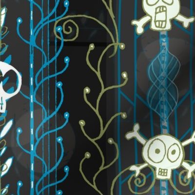 Vines O' Death -- Aqua Blue -- Halloween Skull-y Skull, Supernatural Skull, Death Skull over Victorian Vines and Aqua Blue Stripes -- 150dpi (Full Scale)