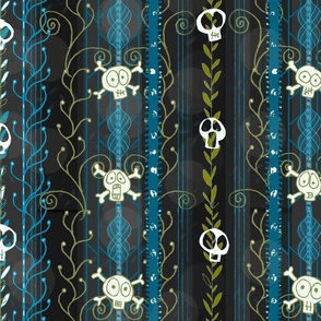 Vines O' Death -- Aqua Blue -- Halloween Skull-y Skull, Supernatural Skull, Death Skull over Victorian Vines and Aqua Blue Stripes -- 150dpi (Full Scale)