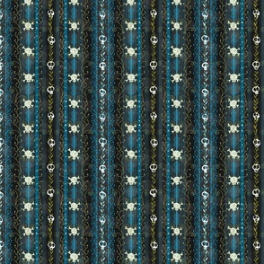 Vines O' Death Skulls -- Aqua Blue -- White Skulls over blue and black stripes -- 7.00in x 7.00in repeat -- 514dpi (29% of Full Scale)