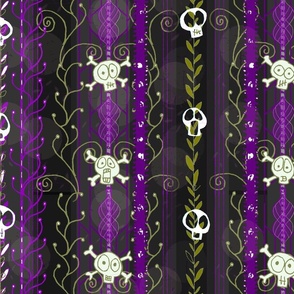 Vines O' Death -- Purple -- Steampunk Skull-y Skull, Supernatural Skull, Horror Skull over Vines and Purple Steampunk-Style Stripes -- 150dpi (Full Scale)