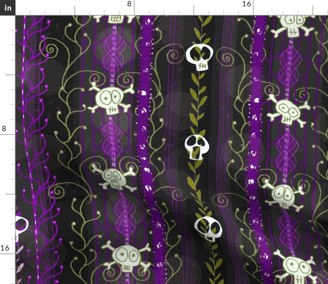 Vines O' Death -- Purple -- Steampunk Skull-y Skull, Supernatural Skull, Horror Skull over Vines and Purple Steampunk-Style Stripes -- 150dpi (Full Scale)