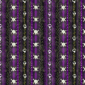 Vines O' Death -- Purple -- Steampunk Skull-y Skull, Supernatural Skull, Horror Skull over Vines and Purple Steampunk-Style Stripes -- 342dpi (44% of Full Scale)
