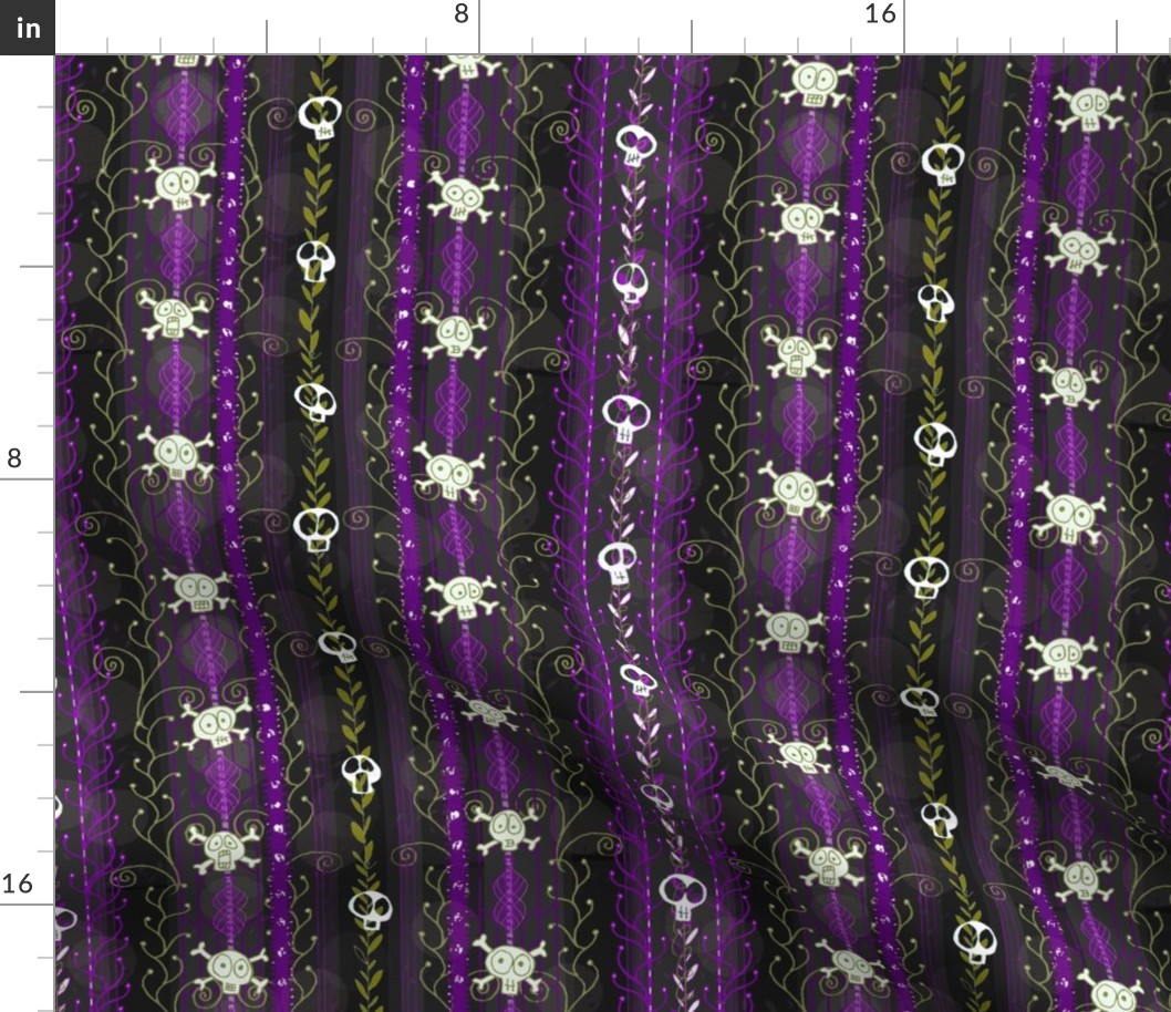 Vines O' Death -- Purple -- Steampunk Skull-y Skull, Supernatural Skull, Horror Skull over Vines and Purple Steampunk-Style Stripes -- 342dpi (44% of Full Scale)