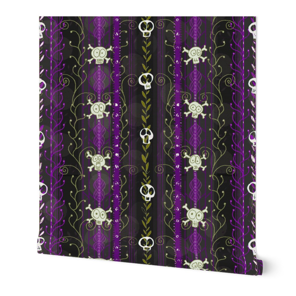 Vines O' Death -- Purple -- Steampunk Skull-y Skull, Supernatural Skull, Horror Skull over Vines and Purple Steampunk-Style Stripes -- 514dpi (29% of Full Scale)