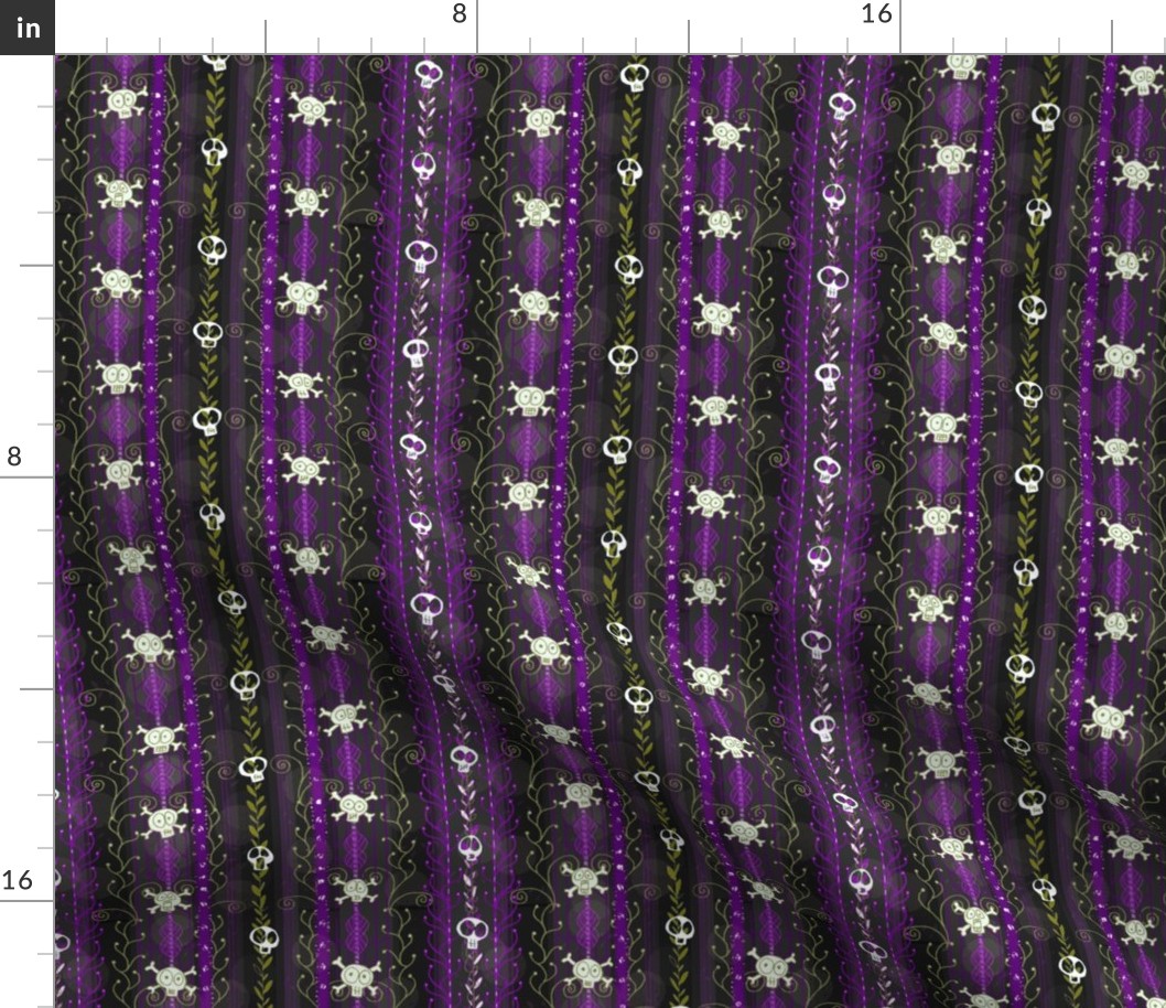 Vines O' Death -- Purple -- Steampunk Skull-y Skull, Supernatural Skull, Horror Skull over Vines and Purple Steampunk-Style Stripes -- 514dpi (29% of Full Scale)