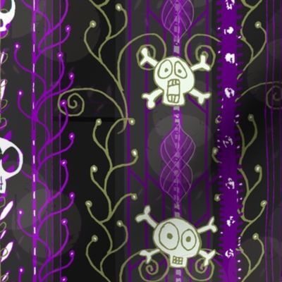 Vines O' Death -- Purple -- Steampunk Skull-y Skull, Supernatural Skull, Horror Skull over Vines and Purple Steampunk-Style Stripes -- 200dpi (75% of Full Scale)