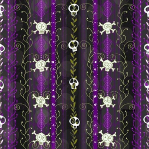 Vines O' Death -- Purple -- Steampunk Skull-y Skull, Supernatural Skull, Horror Skull over Vines and Purple Steampunk-Style Stripes -- 200dpi (75% of Full Scale)