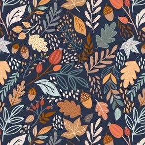 Fall Holiday Leaves Design Light Brown Brown Orange Autumn Dark Blue  Fabric Smaller