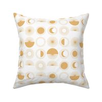 Vintage mid-century style sunshine and moon phase celestial planet circles golden yellow on white