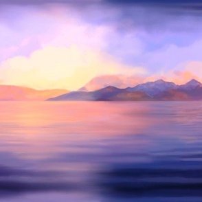 Italian lake painting with purple filter 