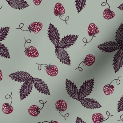 rubberstamped strawberries - burgundy and maroon on grey