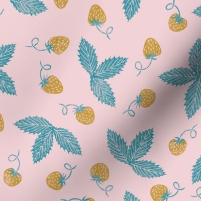 rubberstamped strawberries - mustard and lagoon  on cotton candy pink