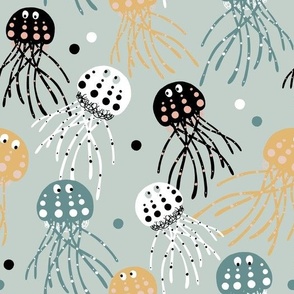Curious Cute Jellyfish on a pastel green background