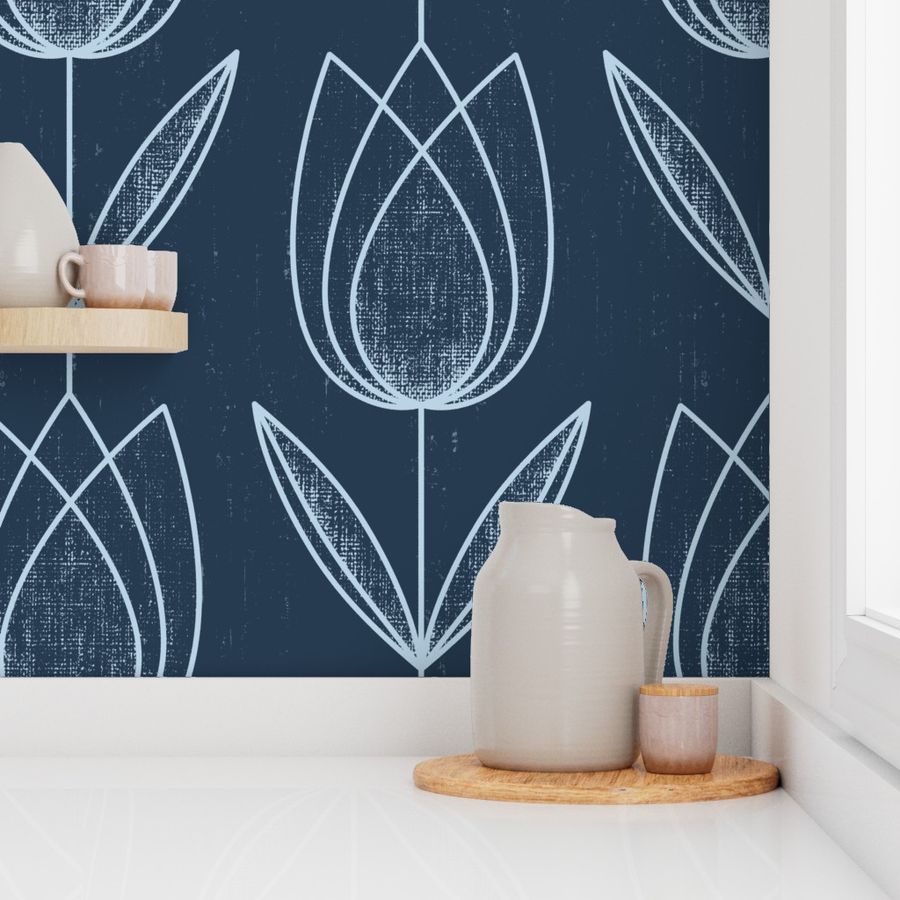 Calming Tulips - navy -medium size 