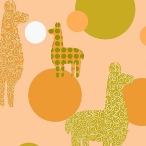 Large scale llamas and alpacas in orange, gold and peach