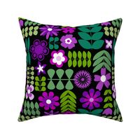 Large Scale Scandi Flowers Purple and Green Scandinavian Floral on Black