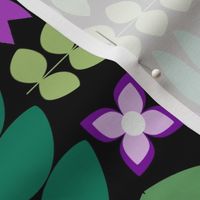 Large Scale Scandi Flowers Purple and Green Scandinavian Floral on Black