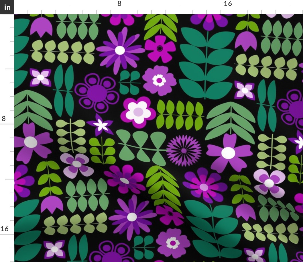 Large Scale Scandi Flowers Purple and Green Scandinavian Floral on Black