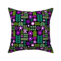 Medium Scale Scandi Flowers Purple and Green Scandinavian Floral on Black