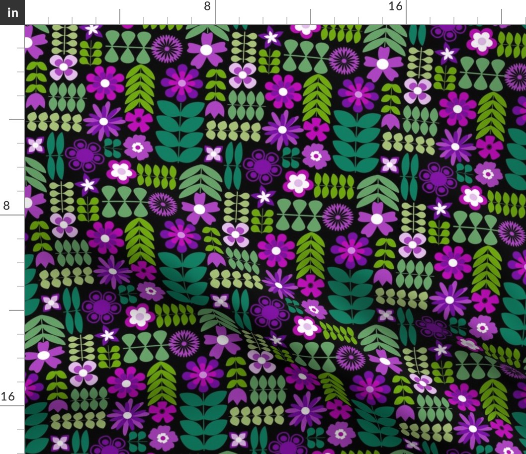 Medium Scale Scandi Flowers Purple and Green Scandinavian Floral on Black