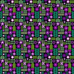 Small Scale Scandi Flowers Purple and Green Scandinavian Floral on Black