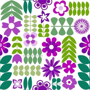   Large Scale Scandi Flowers Purple and Green Scandinavian Floral on White