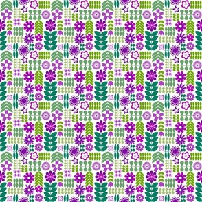 Small Scale Scandi Flowers Purple and Green Scandinavian Floral on White