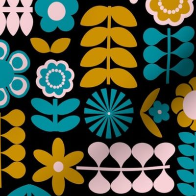 Large Scale Mod Scandi Flowers in Lagoon Turquoise Blue Cotton Candy Pink and Mustard Yellow Gold