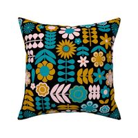 Large Scale Mod Scandi Flowers in Lagoon Turquoise Blue Cotton Candy Pink and Mustard Yellow Gold