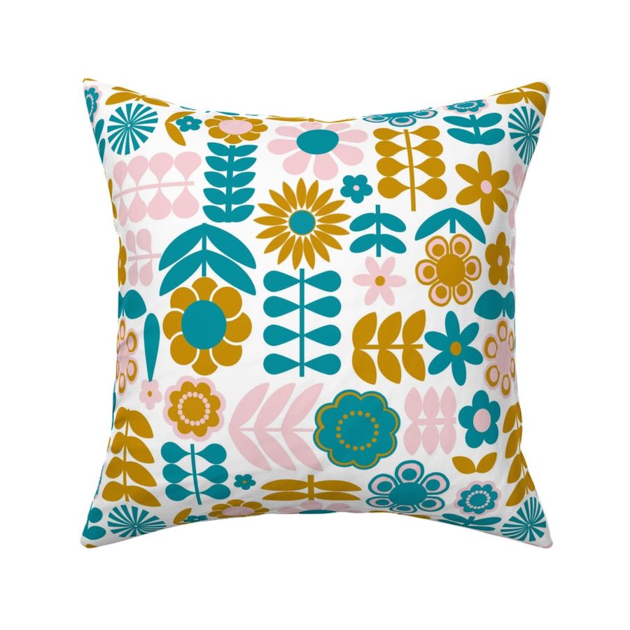 Large Scale Mod Scandi Flowers in Lagoon Turquoise Blue Cotton Candy Pink and Mustard Yellow Gold