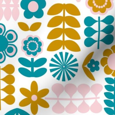 Large Scale Mod Scandi Flowers in Lagoon Turquoise Blue Cotton Candy Pink and Mustard Yellow Gold