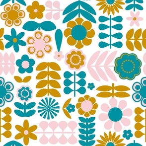 Large Scale Mod Scandi Flowers in Lagoon Turquoise Blue Cotton Candy Pink and Mustard Yellow Gold