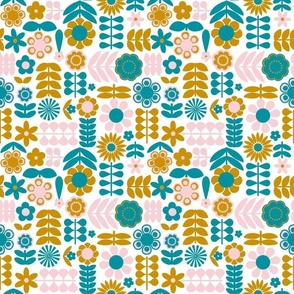 Medium Scale Mod Scandi Flowers in Lagoon Turquoise Blue Cotton Candy Pink and Mustard Yellow Gold