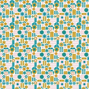 Small Scale Mod Scandi Flowers in Lagoon Turquoise Blue Cotton Candy Pink and Mustard Yellow Gold