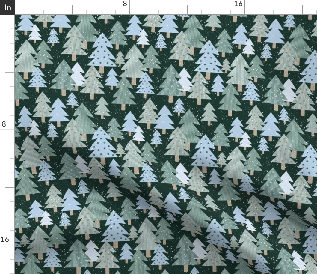 Medium Scale Winter Fur Forest in Calm Mushroom, Sky Blue and Hunter Green Pine