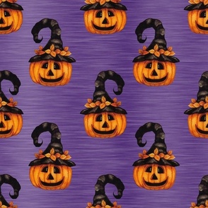 Large Scale Halloween Witch Jackolantern Carved Pumpkins on Purple
