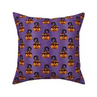 Medium Scale Halloween Witch Jackolantern Carved Pumpkins on Purple