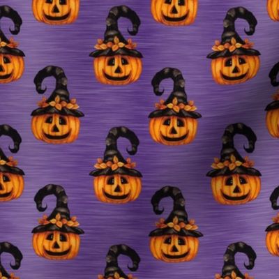 Medium Scale Halloween Witch Jackolantern Carved Pumpkins on Purple