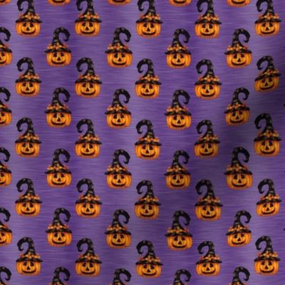 Small Scale Halloween Witch Jackolantern Carved Pumpkins on Purple