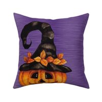 18x18 Pillow Sham Front Fat Quarter Size Makes 18" Square Cushion Cover Small Scale Halloween Witch Jackolantern Carved Pumpkins on Purple