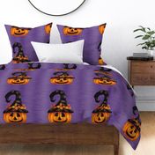 18x18 Pillow Sham Front Fat Quarter Size Makes 18" Square Cushion Cover Small Scale Halloween Witch Jackolantern Carved Pumpkins on Purple