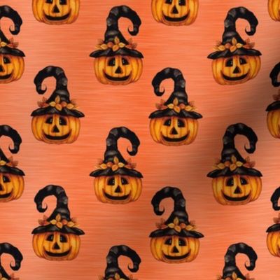 Medium Scale Halloween Witch Jackolantern Carved Pumpkins on Orange