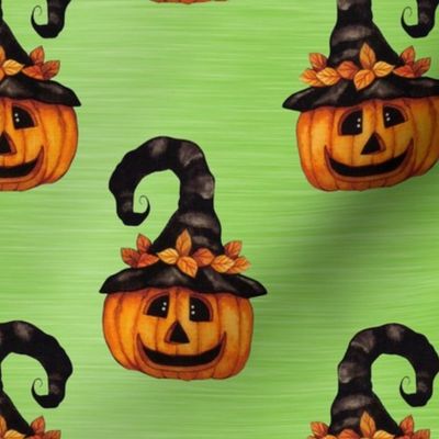 Large Scale Halloween Witch Jackolantern Carved Pumpkins on Lime Green