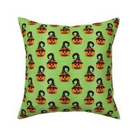 Medium Scale Halloween Witch Jackolantern Carved Pumpkins on Lime Green