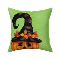 18x18 Pillow Sham Front Fat Quarter Size Makes 18" Square Cushion Cover Small Scale Halloween Witch Jackolantern Carved Pumpkins on Lime Green