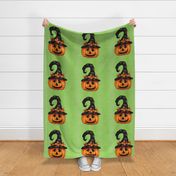 18x18 Pillow Sham Front Fat Quarter Size Makes 18" Square Cushion Cover Small Scale Halloween Witch Jackolantern Carved Pumpkins on Lime Green
