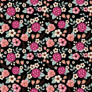 Medium Scale Raspberry Pink and Coral Embroidery Texture Flowers on Black